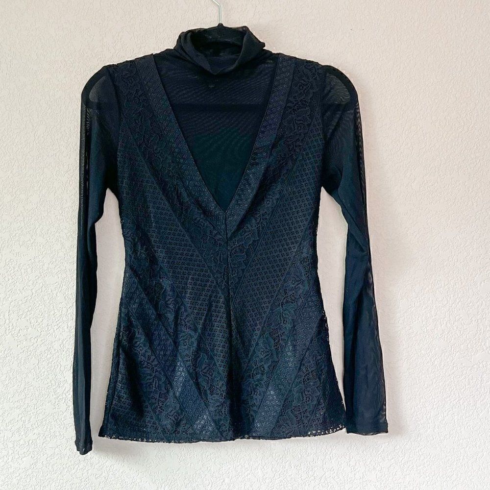 Guess Sheer Black Long Sleeve Top, Size XS